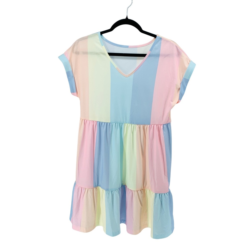Asvivid Pastel Rainbow Striped Tiered Babydoll Dress Small V-Neck Cuffed Sleeve